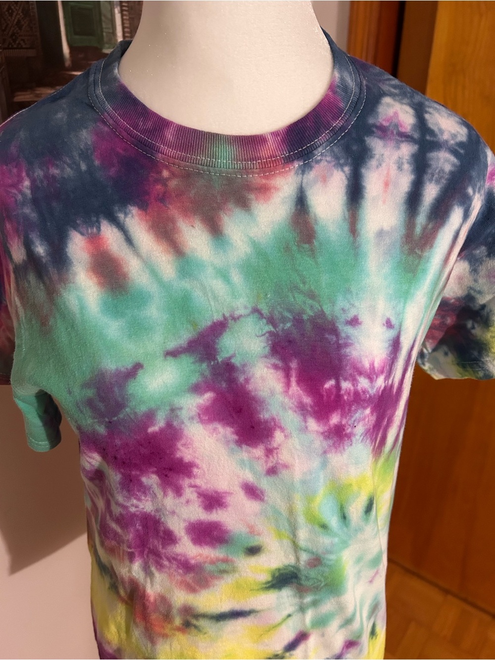 Woman’s Tie-Dye Short Sleeve Tee in Purple, Teal & Yellow Gildan Brand Shirt. Sm